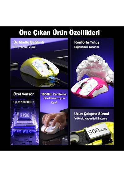 Aula SC580X Lightweight PAW3311 Sensör 10000 DPI 1000Hz Kablolu ve Kablosuz Gaming Oyuncu Mouse
