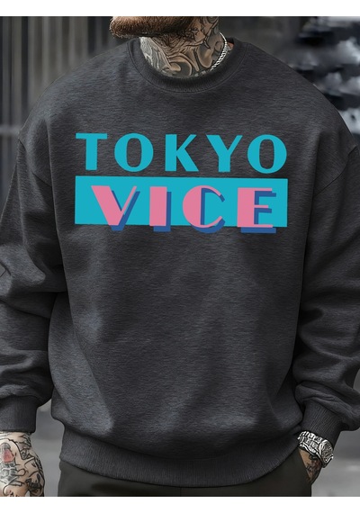 Startmore Startmoretokyo Vice Büyük Harfli Baskılı Sweatshirt Erkek Polar Bol Moda Sokak Giyim O-yaka Sonbahar K Antrasit