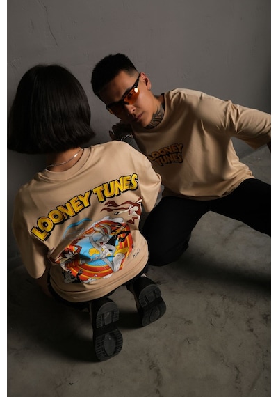 Noıssey Kod:ızeı - Unisex Oversize Looney Tunes Baskılı Pamuklu T-shirt P--1003 Bej