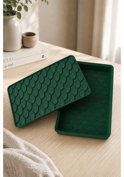 Desenli Kapaklı Dekoratif Kutu Masa Üstü Organizer Takı Aksesuar Saklama Kutusu Pla 20x12.5 Cm Yeşil