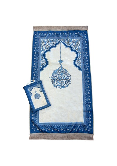 Taşınabilir Keseli Mihrap Desenli İpek Dokulu Kadife Seccade Mavi Mavi