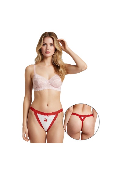 Sensu Kadın Tekli Kırmızı Kiraz Baskılı Fiyonklu String Kırmızı