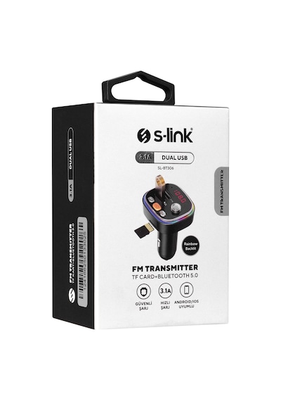 S-Link Sl-Bt306 Çift Usb 5V 3.1A Rainbow Işıklı Led Ekran Tf Kart Fm Transmitter