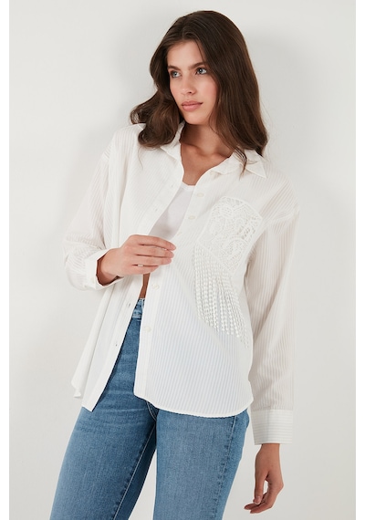 Lela Regular Fit Güpürlü Cep Detaylı Uzun Kollu Bayan Gömlek 6773215 Beyaz