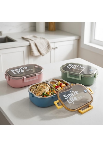 Lexroo Paslanmaz Çelik Yemek Kabı 980 Ml, Bölmeli İç Hazneli Kilitli Kapaklı Lunch Box Çok Renkli