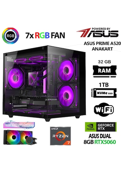 Asus Prime X3 R7-5700X 32 GB 1 TB M.2 Nvme Ssd RTX5060 Masaüstü Oyuncu Bilgisayarı