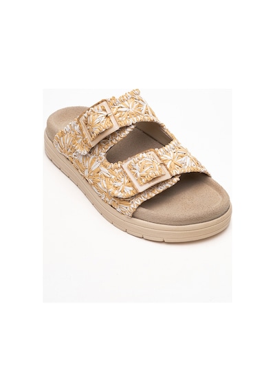 Luvishoes Luvi Shoes Mılana Bej Desenli Hakiki Deri Tokalı Çift Bantlı Kadın Terlik Bej
