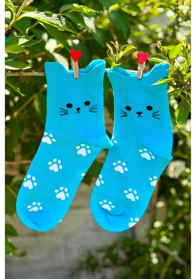 Lousocks Unisex Sevimli Kedi Kulaklı Pati Desenli Soket Çorap Turkuaz