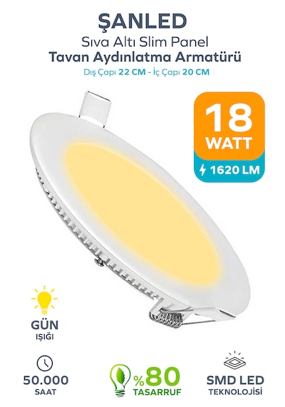 18w Tasarruflu Led Yuvarlak Gün Işığı Sıva Altı Slim Panel Tavan Aydınlatma Armatürü-1 Adet