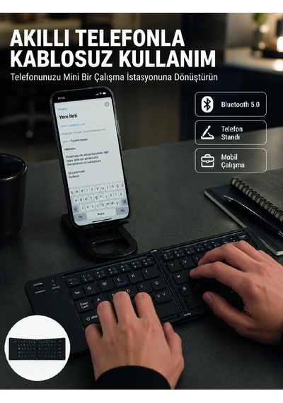Hubrendy Tekno Taşınabilir Katlanabilir Bluetooth Klavye Apple İOS Android Windows Uyumlu