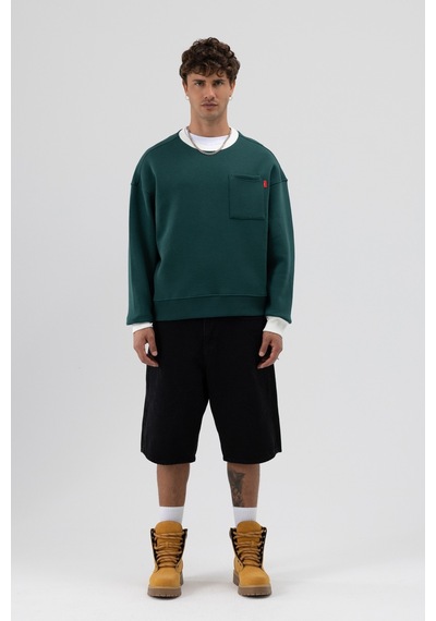 Vamos Bisiklet Yaka Cep Detaylı Oversize Sweatshirt Nefti