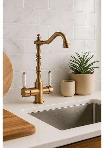Rena Design Rustik Mat Gold Aritmali 3 Yollu Mutfak Evye Batarya Prinçlüks Musluk Garanti Porselen Kol Armatür