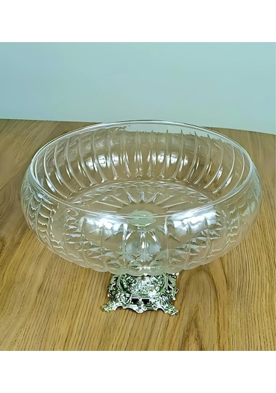 Assa Bazaar Lotus Kristal 24 Cm Kesme Dekor Metal Ayaklı Salata Kasesi Şık Cam Sunumluk Gümüş