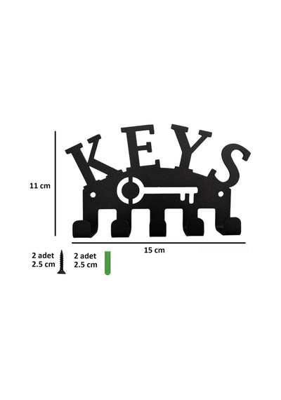 Aju Anahtar Askılığı Keys Yazılı Dekoratif Metal Tasarım Anahtarlık Paslanmaz Hediyelik Siyah Siyah