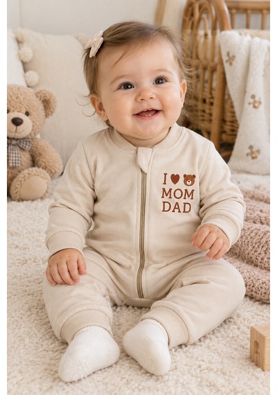 Beniizle Baskılı Unisex 3 İplik Şardonlu Fermuarlı Bebek Tulum Ekru