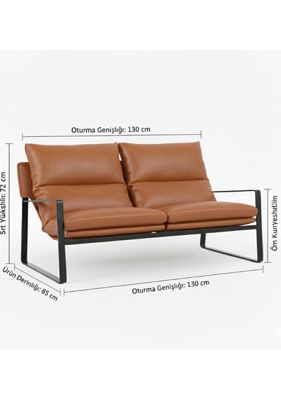 Sller Modern İkili Koltuk - Loft Tasarım Deri/kumaş Bahçe Ve Balkon Kanepesi - Metal İskeletli 130 Cm Taba