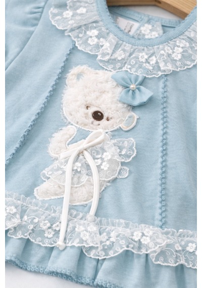 Kardeşler Bebe Dantelli Ayıcıklı Kız Bebek Elbise Takım Saç Bantlı 3 Lü Set Turkuaz