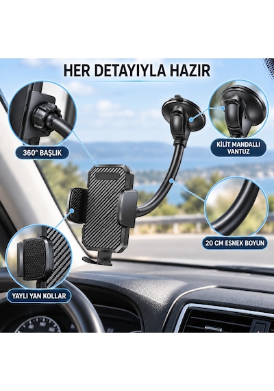 Dexxony Hp-a06 30 Cm Uzun Boyunlu Vakumlu Araç İçi Telefon Tutucu 360 Döner Başlık Siyah
