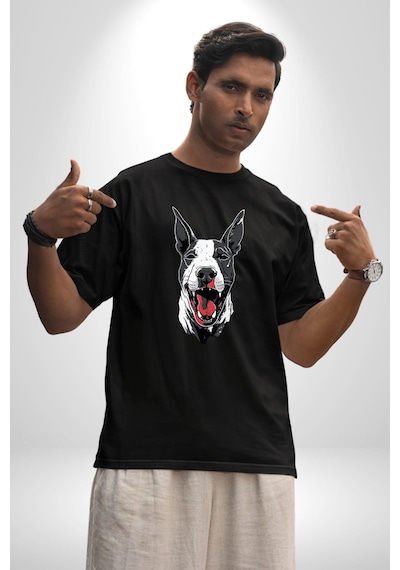 Doberman Kırmızı Dil Siyah Dik Kulak Pamuklu Bisiklet Yaka Kadın Erkek Oversize Boyfriend Dijital Baskılı Siyah T-shirt Siyah