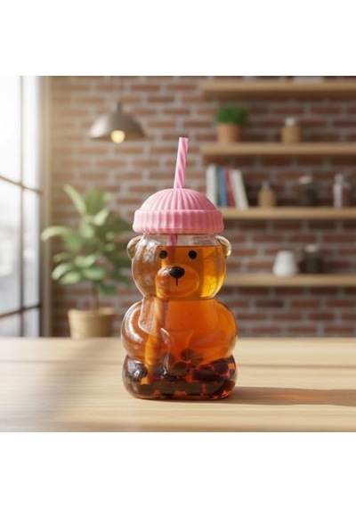 Sevimli Ayıcık Figürlü Borosilikat Cam Bardak 580 Ml - Silikon Kapaklı Ve Pipetli Lüx Barista Soğuk İçecek Bardağı Pembe Açık Ahşap