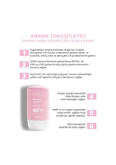 Sinoz Pink Touch Yüksek Koruyucu Ton Eşitleyici Pembe Yüz Güneş Kremi SPF50+ 50 ML