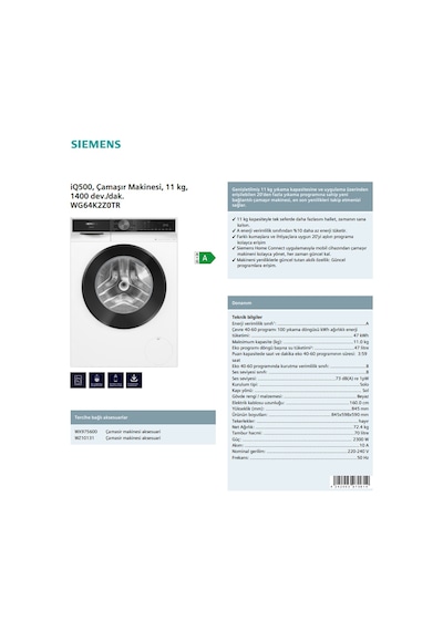 Siemens WG64K2Z0TR 1400 Devir 11 KG Çamaşır Makinesi