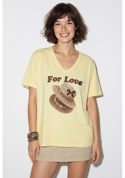 Kadın V Yaka For Love Nakış Ve Boncuk İşlemeli Oversize T-shirt 2240 60286329 - Açık Sarı
