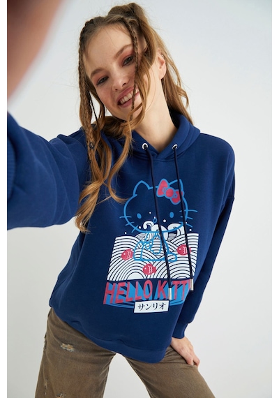 Hello Kitty Lisanslı Baskılı Kapüşonlu Lacivert Sweatshirt Renkli