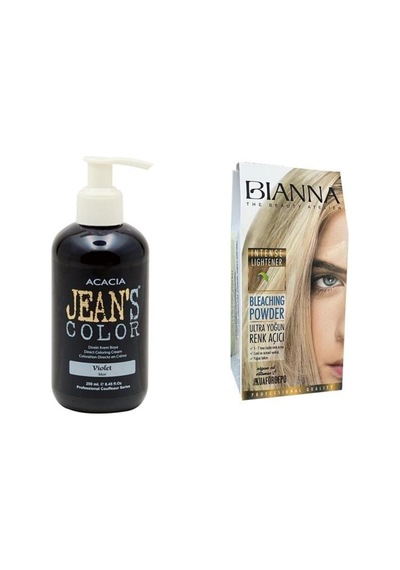 Jean's Color Mor 250ml. Blue Amonyaksız Balyaj Renkli Saç Boyası + Bianna Açıcı Set