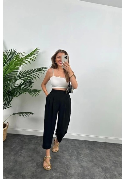 Defymoda Kadın Yüksek Bel Hürrem Pantolon Siyah