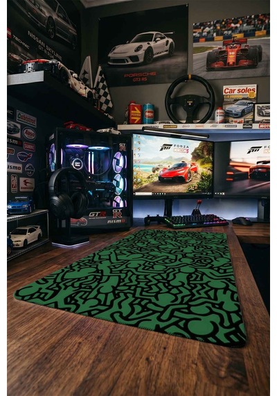 Yeşil Siyah Soyut İnsan Figürleri 40x90 Cm Oyuncu Mousepad Kaymaz Taban Büyük Boy Mousepad