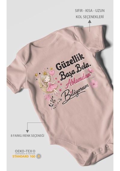 Morivokids Güzellik Başa Bela Ablamdan Biliyorum Kısa Kollu Bebek Body %100 Pamuk Pastel Pembe