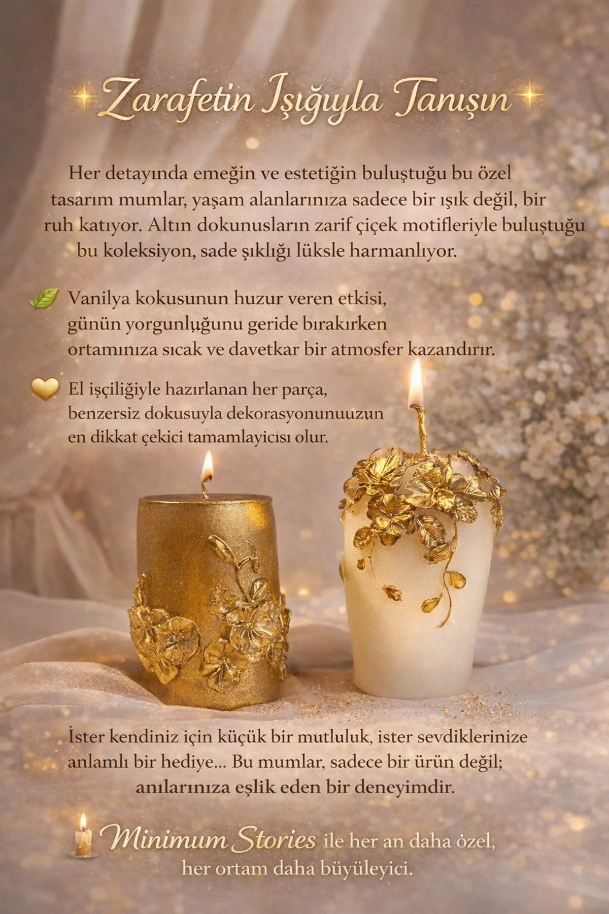 Golden Vanilya Kokulu Rattan Çiçekli Desenli Gold Baton 2'li Mum Seti Dekoratif Hediye Altın - Beyaz