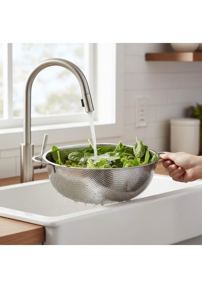 Premium Paslanmaz Çelik Küçük Mutfak Süzgeci, Çift Kulplu Metal Pirinç Yıkama Kabı, Isıya Dayanıklı Delikli Meyve Ve Sebze Süzme Kasesi 25 Cm