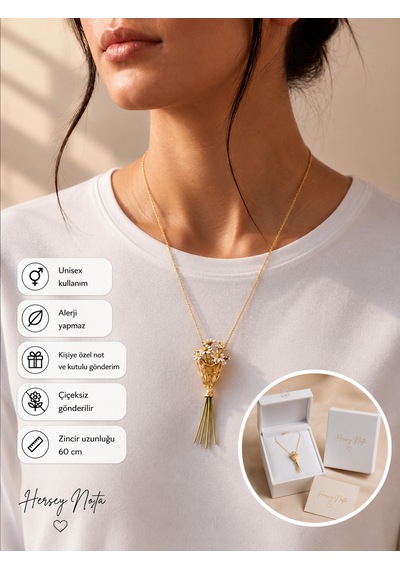 Çiçek Buketi Tasarımlı Kolye Kurutulmuş Çiçek Yerleştirilebilir Altın Renk Unisex Kolye Çok renkli