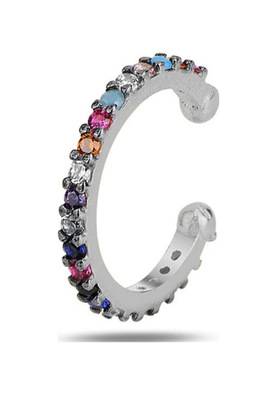 Gümüş Rodyumlu Renkli Taşlı Sıkıştırmalı Kıkırdak Küpe Ear Cuff