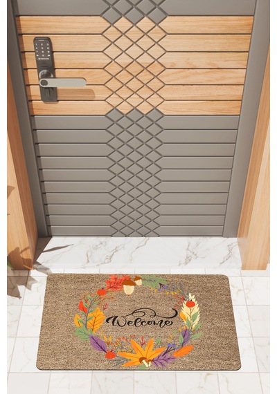 Rugmood Modern Dijtal Baskı Sonbahar Yapraklı Welcome Dış Kapı Önü Paspası Çok Renkli