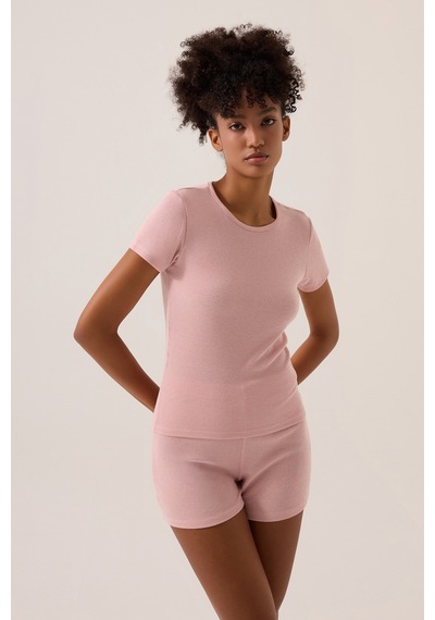 Los Ojos X Ece Pembe Modal Kumaşlı Kısa Kollu Şortlu Pijama Takımı Ribbed Pj4 Pembe Pembe