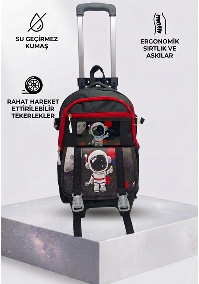 2 Kademeli Çekçekli Tekerlekli Karekter Desenli Laptop Bölmeli İlkokul Sırt Çantası 40 27 17 Cm Siyah/kırmızı