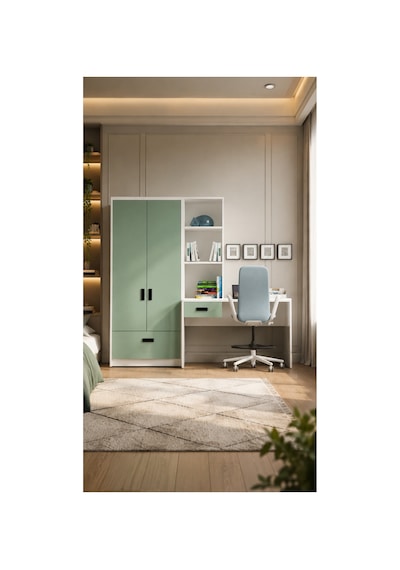 Tokyo Kitaplıklı Çalışma Masası Ve 2 Kapaklı Dolap Seti Beyaz Gövde Su Yeşili Kapak Su Yeşili - Beyaz - 887787959 Su Yeşili - Beyaz