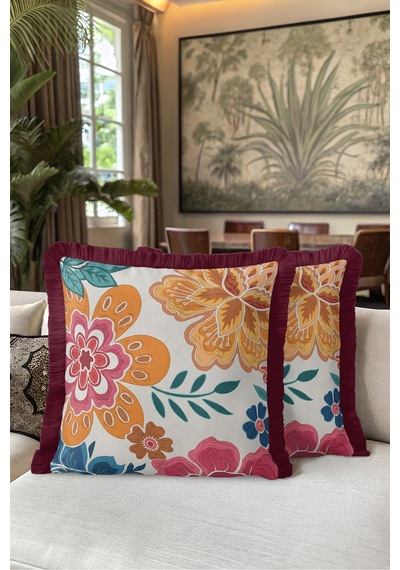 Boho Çiçek Motifli Saçaklı Yastık Kılıfı-tropik Botanik Retro Turuncu Bordo Püsküllü Kırlent Kılıfı Haki