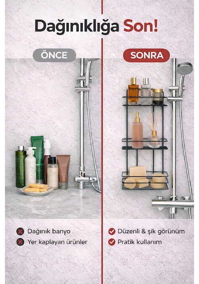 Sas Haus 3 Katlı Siyah Yapışkanlı Banyo Rafı, Şampuanlık Duş Düzenleyici, Paslanmaz Metal Banyo Duvar Askısı - TŞ-03