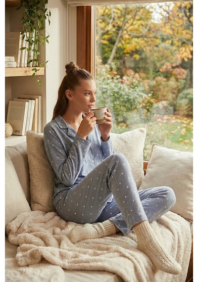 Lela Streç Standart Fit Düğmeli Bayan Pijama Takımı 60956601 Gri