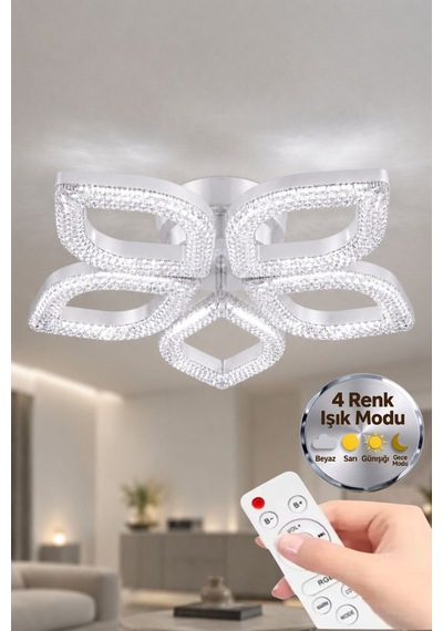 Yonca Model Beyaz Kumandalı 5"li Ledli 3 Renk Modu Kristal Salon Mutfak Yatak Çocuk Odası Avize