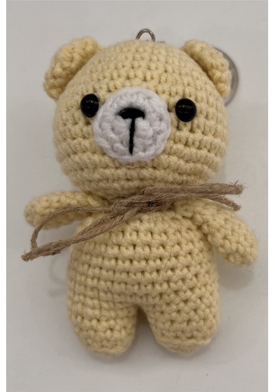 El Yapımı Amigurumi Ayıcık Anahtarlık - Örgü Figür, Jüt Fiyonklu 9-10 Cm Koyu Bej Koyu Bej