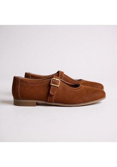 Ne&ve Shoes Taba Süet Hakiki Deri Tokalı Kadın Babet Kahverengi
