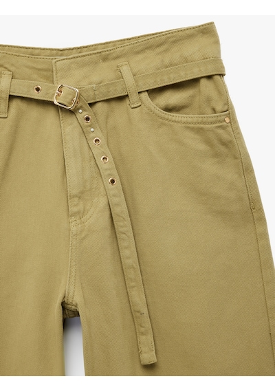 Koton Pamuklu Yüksek Bel Kemerli Geniş Paça Pantolon - Wide Leg Jeans Haki 6sal40060mw