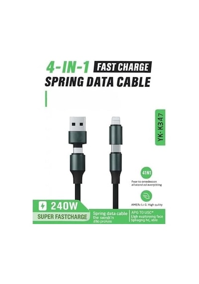 4 İn 1 Usb-a+type-c To Type-c+lightning İle Uyumlu Süper Hızlı Şarj Ve Data Kablosu Siyah Yk-k347, 4 İn 1