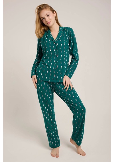 Yeşil Noel Baba Baskılı Düğmeli Pijama Takım Yeşil