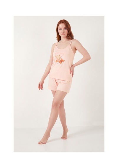 Lela Yumuşak Dokulu Baskılı İp Askılı Şortlu Pijama Takımı Bayan Pijama Takımı 65750124 Somon
